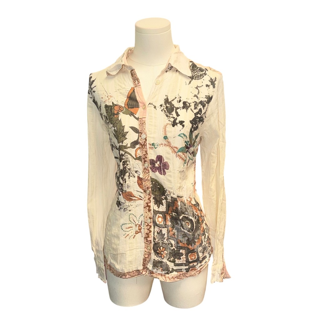 Desigual Mixed Print Button Down Shirt Womens 8 Cream Floral Paisley Good Boho